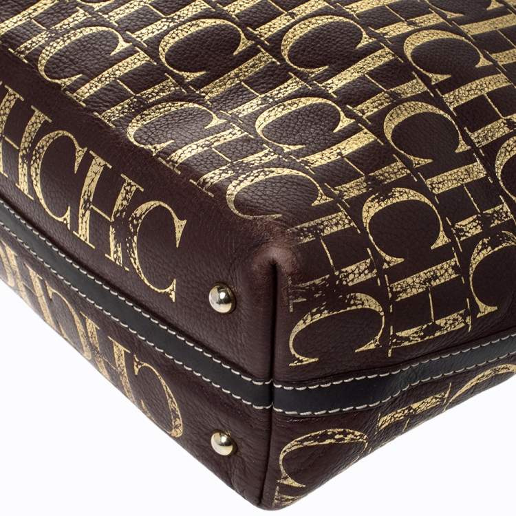 Pre Owned Carolina Herrera Brown/Gold Monogram Leather Shopper Tote