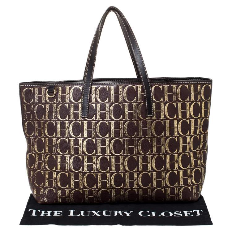 Pre Owned Carolina Herrera Brown/Gold Monogram Leather Shopper Tote