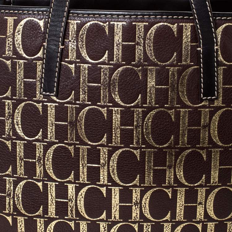 Pre Owned Carolina Herrera Brown/Gold Monogram Leather Shopper Tote