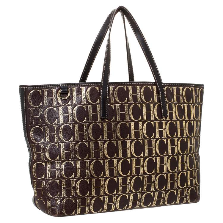 Pre Owned Carolina Herrera Brown/Gold Monogram Leather Shopper Tote