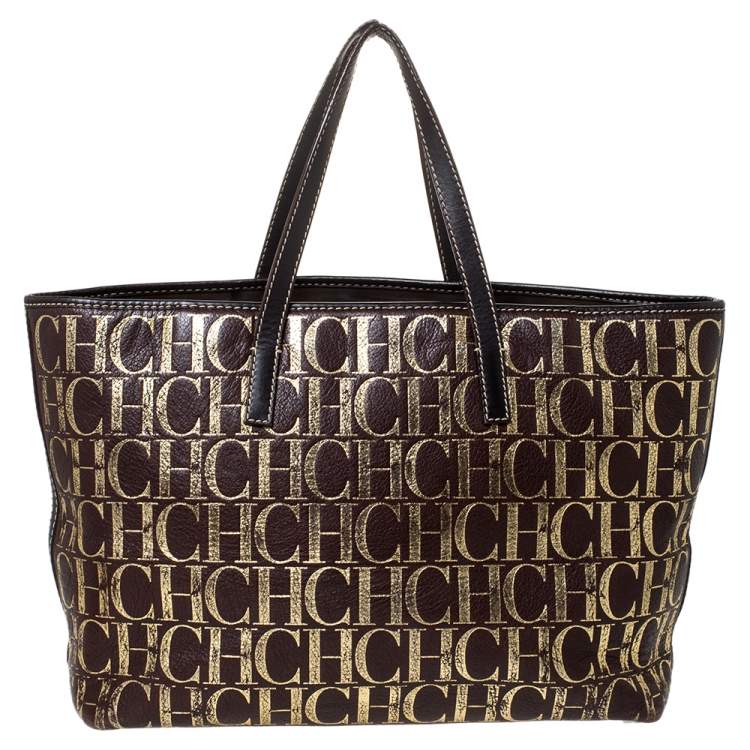 Pre Owned Carolina Herrera Brown/Gold Monogram Leather Shopper Tote