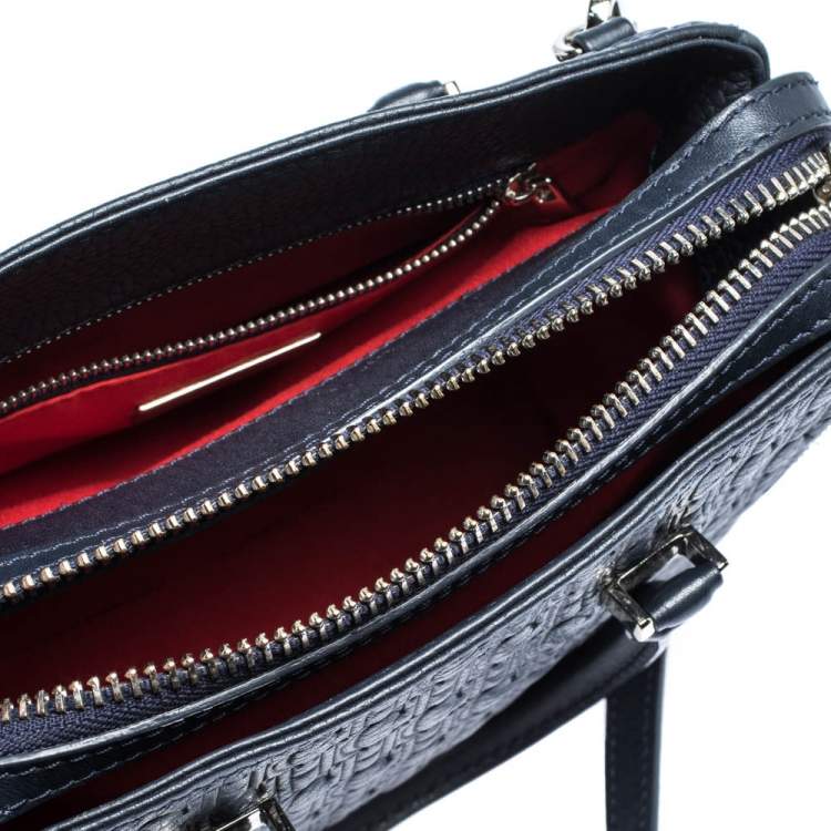 Pre Owned Carolina Herrera Blue Monogram Leather and Nubuck Satchel