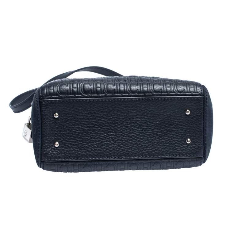 Pre Owned Carolina Herrera Blue Monogram Leather and Nubuck Satchel