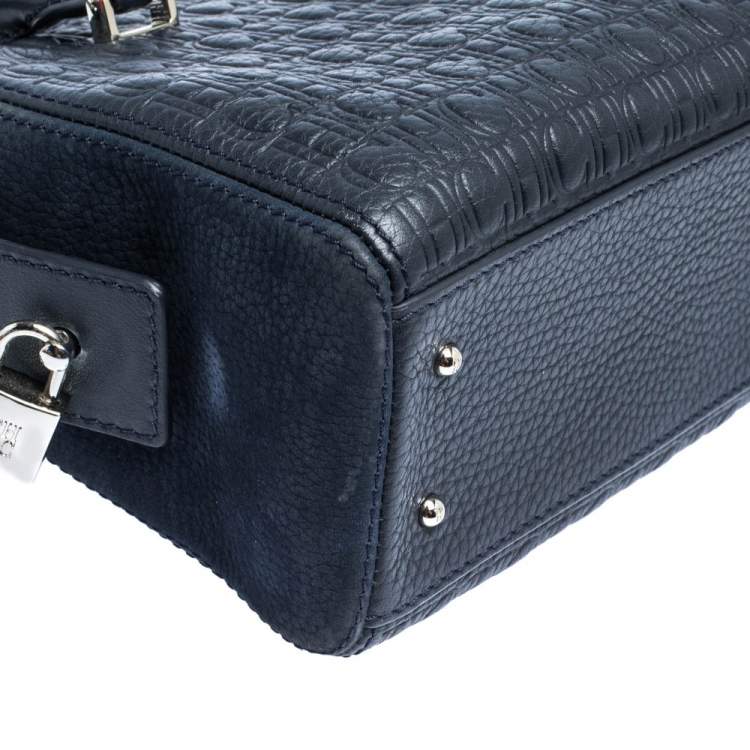 Pre Owned Carolina Herrera Blue Monogram Leather and Nubuck Satchel