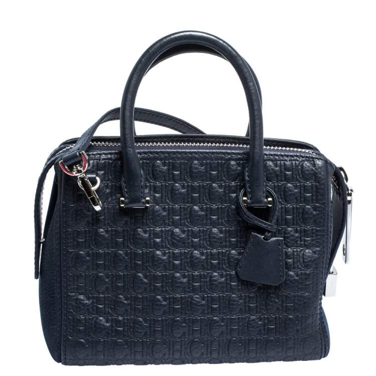 Pre Owned Carolina Herrera Blue Monogram Leather and Nubuck Satchel