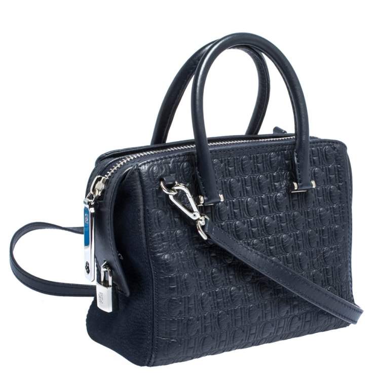 Pre Owned Carolina Herrera Blue Monogram Leather and Nubuck Satchel