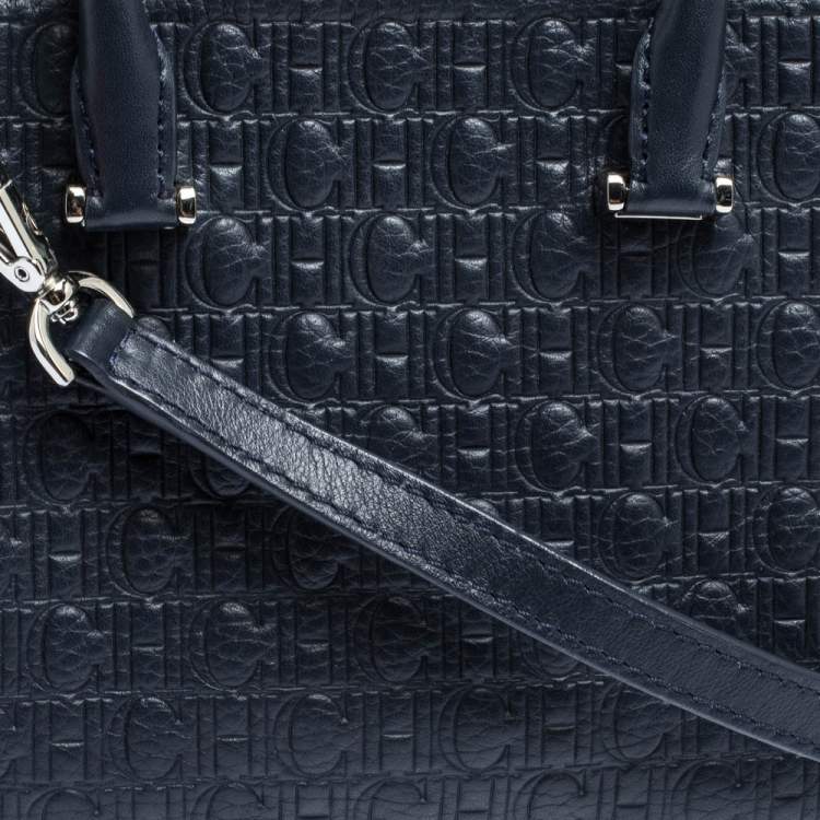 Pre Owned Carolina Herrera Blue Monogram Leather and Nubuck Satchel