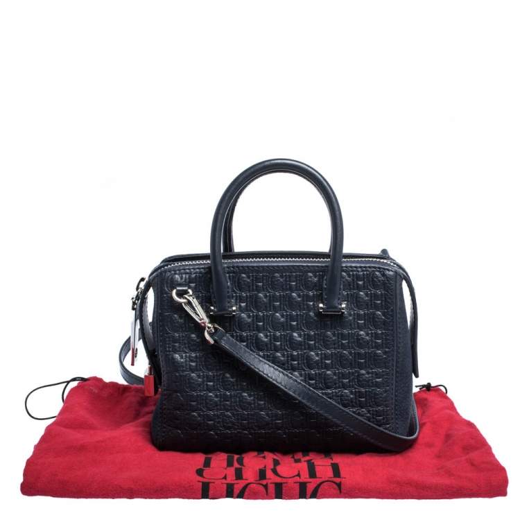 Pre Owned Carolina Herrera Blue Monogram Leather and Nubuck Satchel