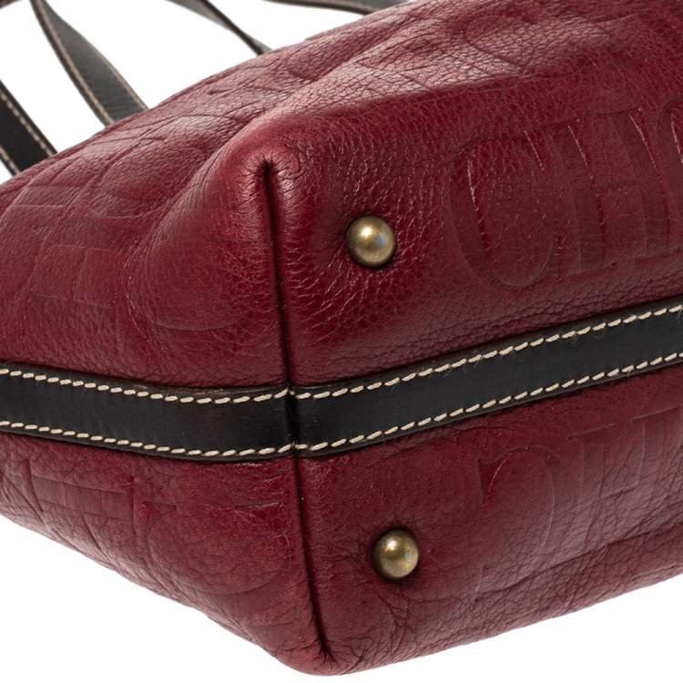 Pre Owned Carolina Herrera Burgundy Monogram Leather Shopper Tote