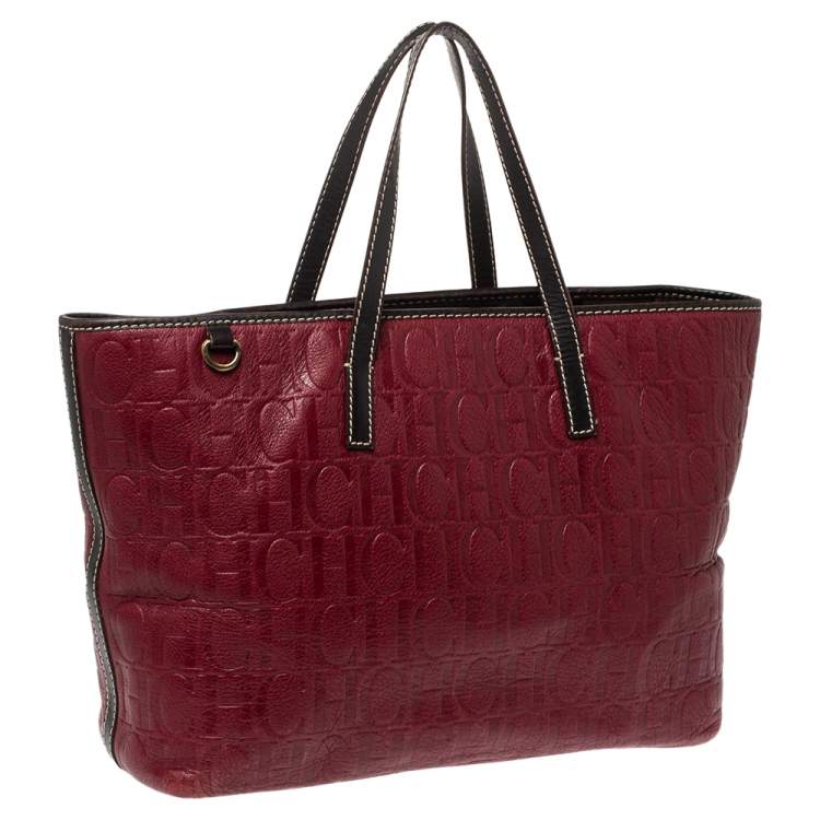 Pre Owned Carolina Herrera Burgundy Monogram Leather Shopper Tote