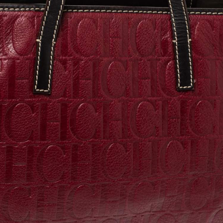 Pre Owned Carolina Herrera Burgundy Monogram Leather Shopper Tote