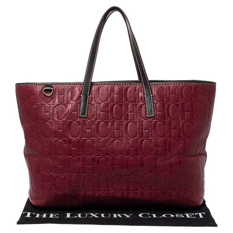 Pre Owned Carolina Herrera Burgundy Monogram Leather Shopper Tote