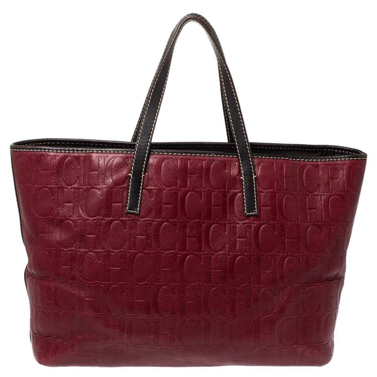 Pre Owned Carolina Herrera Burgundy Monogram Leather Shopper Tote