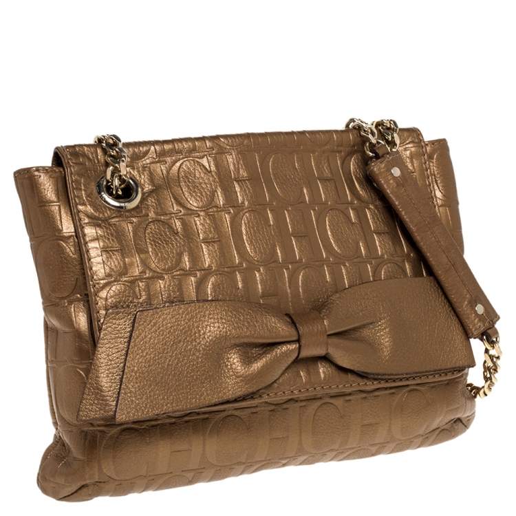 Pre Owned Carolina Herrera Gold Monogram Leather Audrey Shoulder Bag