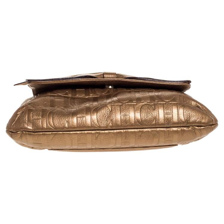 Pre Owned Carolina Herrera Gold Monogram Leather Audrey Shoulder Bag