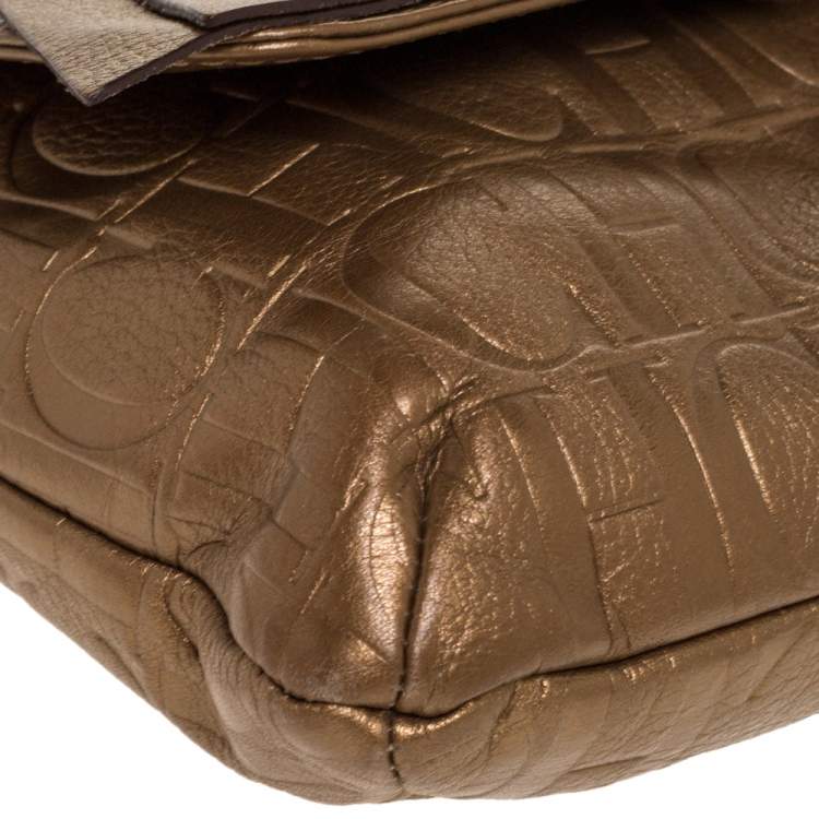 Pre Owned Carolina Herrera Gold Monogram Leather Audrey Shoulder Bag