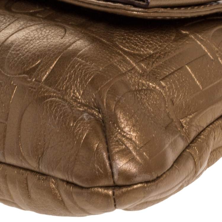 Pre Owned Carolina Herrera Gold Monogram Leather Audrey Shoulder Bag