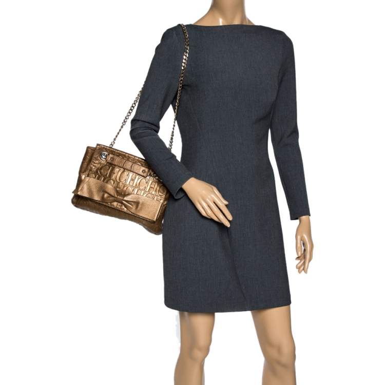 Pre Owned Carolina Herrera Gold Monogram Leather Audrey Shoulder Bag