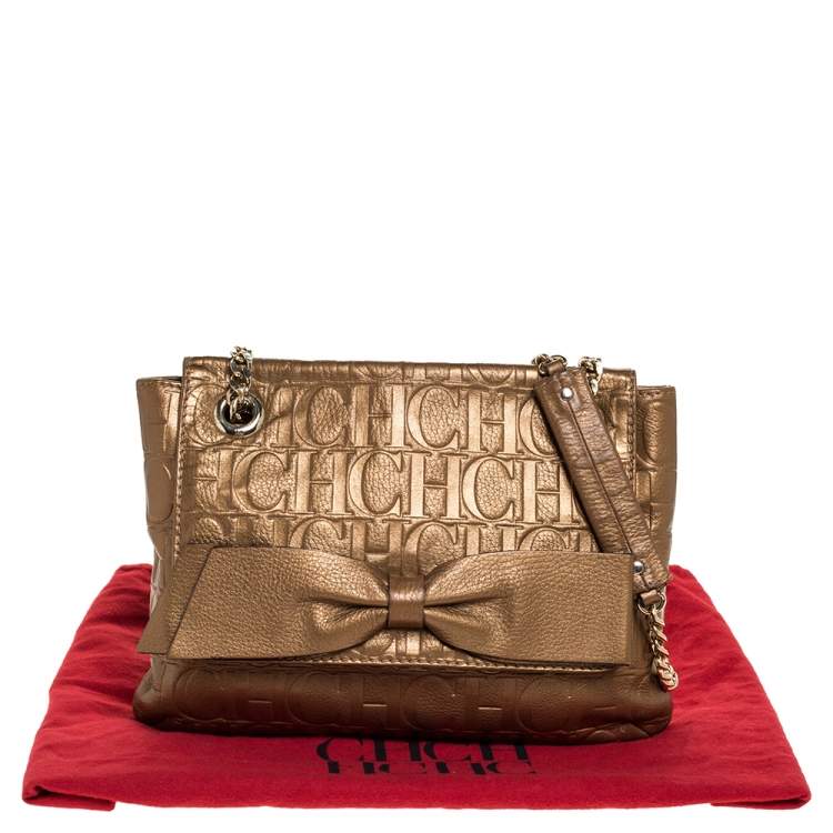 Pre Owned Carolina Herrera Gold Monogram Leather Audrey Shoulder Bag