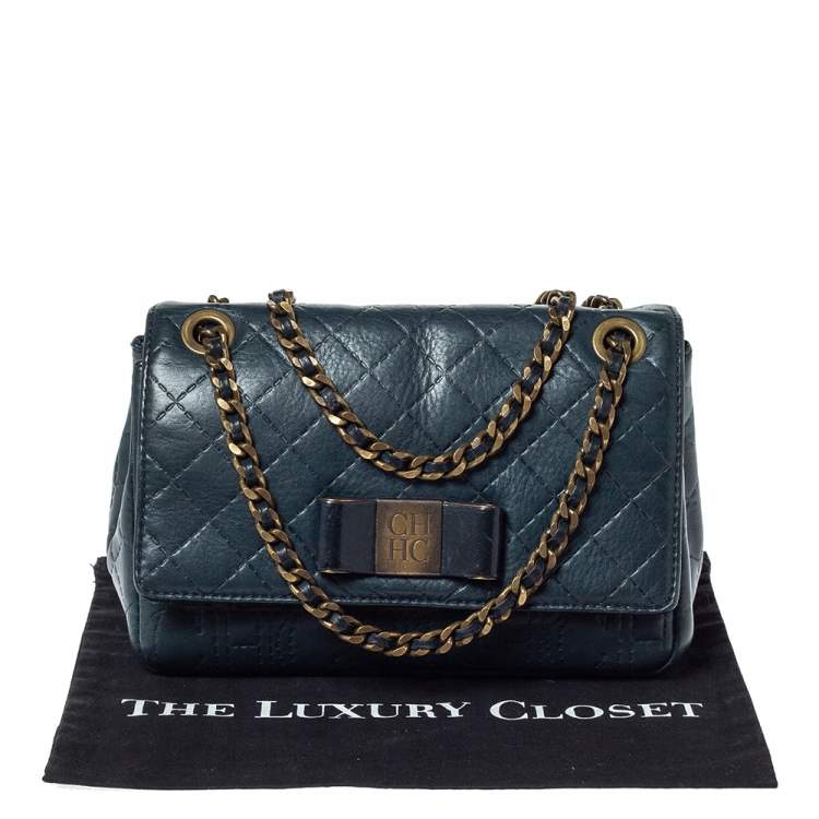 Pre Owned Carolina Herrera Deep Green Monogram Leather Flap Shoulder Bag