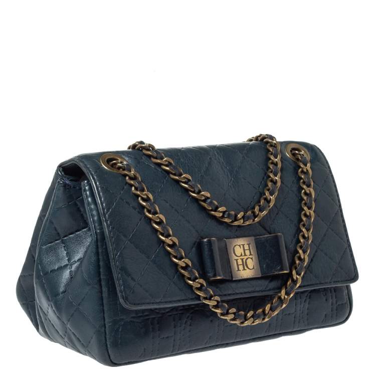 Pre Owned Carolina Herrera Deep Green Monogram Leather Flap Shoulder Bag