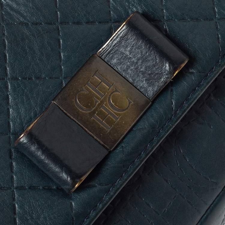 Pre Owned Carolina Herrera Deep Green Monogram Leather Flap Shoulder Bag