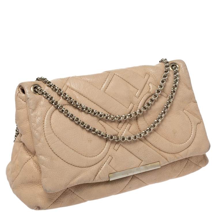 Pre Owned Carolina Herrera Beige Leather Flap Chain Shoulder Bag