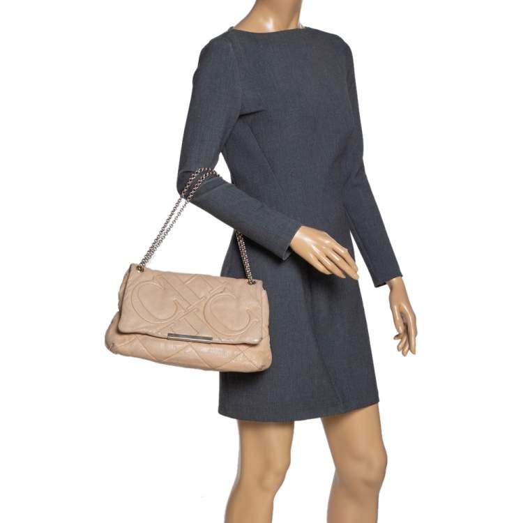 Pre Owned Carolina Herrera Beige Leather Flap Chain Shoulder Bag