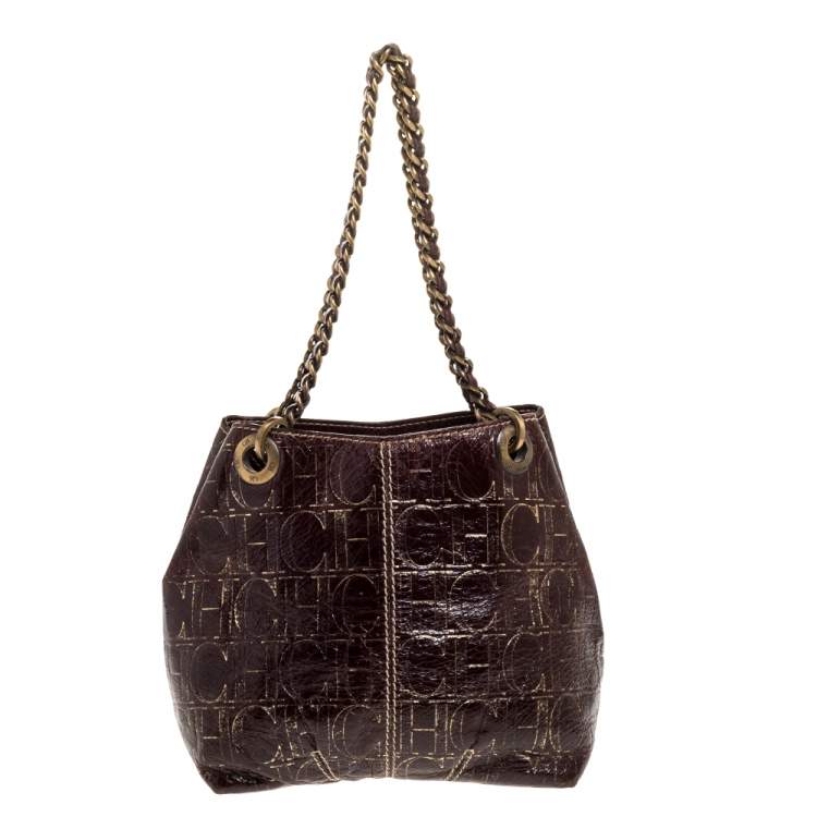 Pre Owned Carolina Herrera Brown/Gold Monogram Leather Chain Shoulder Bag