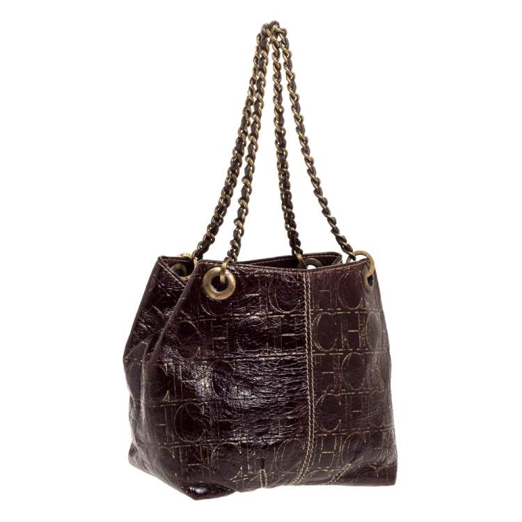 Pre Owned Carolina Herrera Brown/Gold Monogram Leather Chain Shoulder Bag