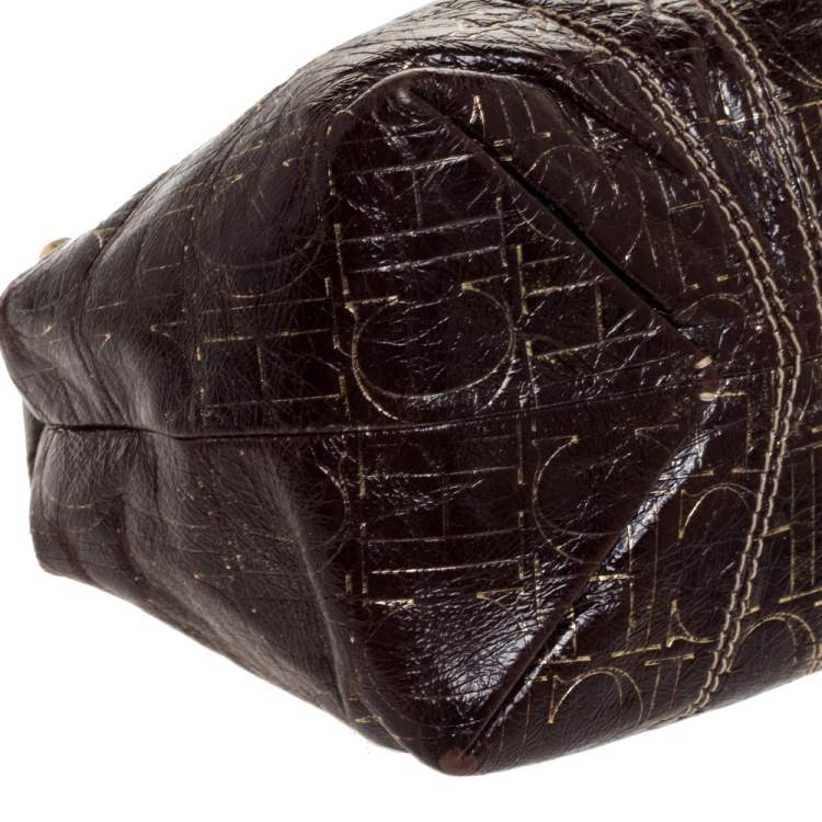 Pre Owned Carolina Herrera Brown/Gold Monogram Leather Chain Shoulder Bag