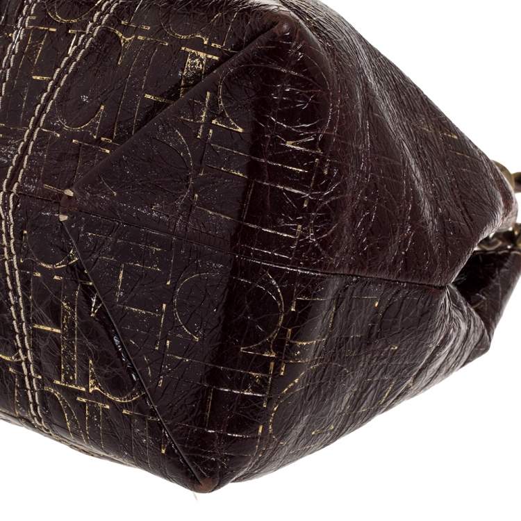 Pre Owned Carolina Herrera Brown/Gold Monogram Leather Chain Shoulder Bag