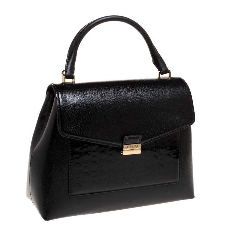 Pre Owned Carolina Herrera Black Monogram Patent Leather Push Lock Top Handle Bag