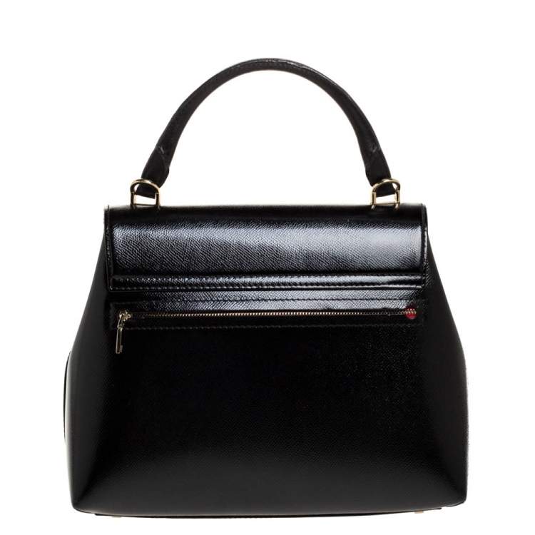 Pre Owned Carolina Herrera Black Monogram Patent Leather Push Lock Top Handle Bag