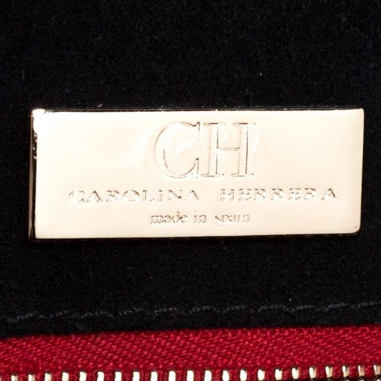 Pre Owned Carolina Herrera Black Monogram Patent Leather Push Lock Top Handle Bag