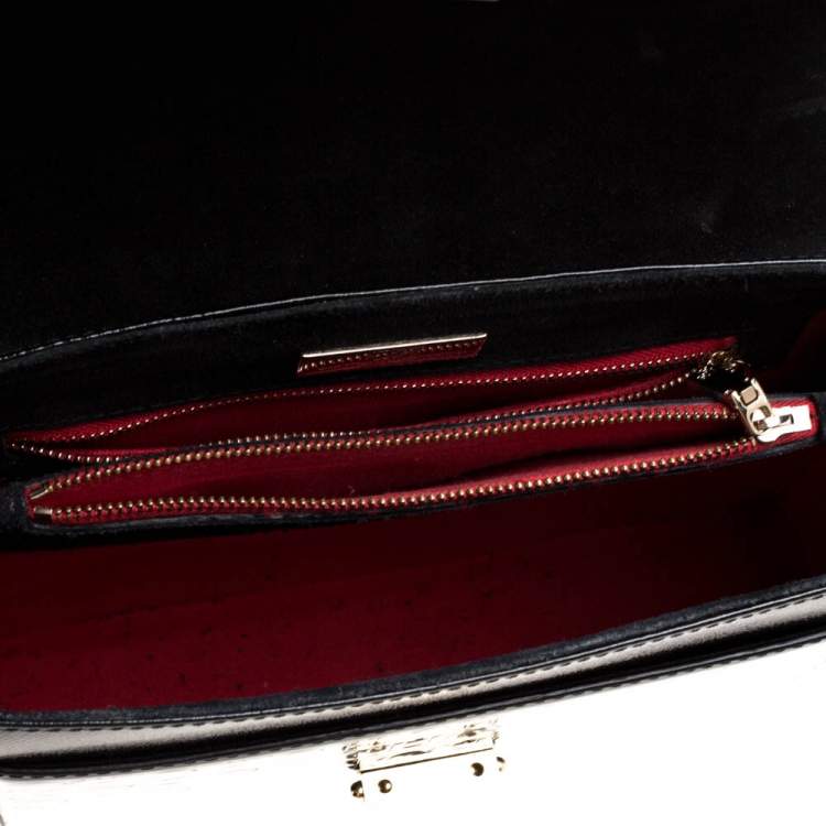 Pre Owned Carolina Herrera Black Monogram Patent Leather Push Lock Top Handle Bag