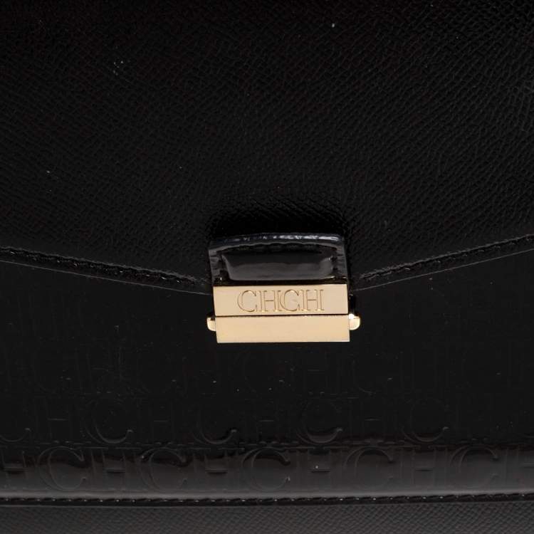 Pre Owned Carolina Herrera Black Monogram Patent Leather Push Lock Top Handle Bag