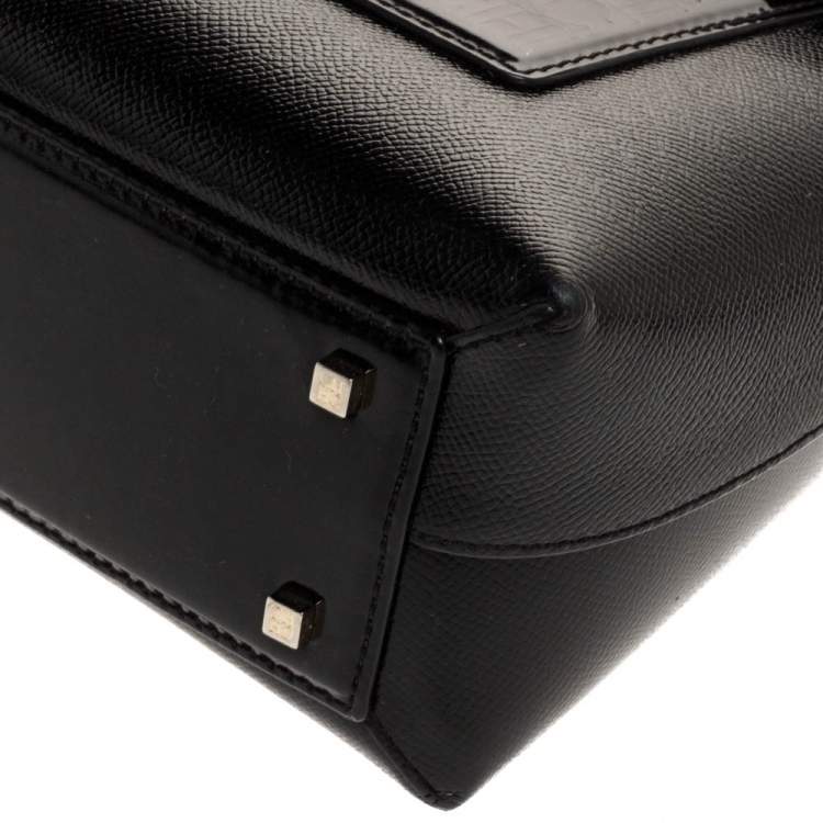 Pre Owned Carolina Herrera Black Monogram Patent Leather Push Lock Top Handle Bag