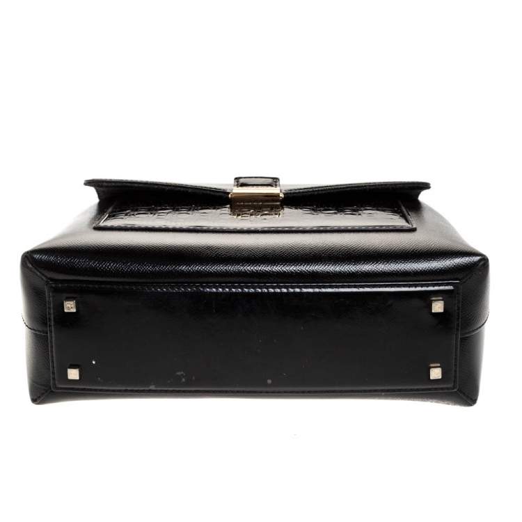 Pre Owned Carolina Herrera Black Monogram Patent Leather Push Lock Top Handle Bag