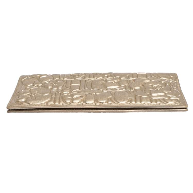 Pre Owned Carolina Herrera Metallic Gold Floral Embossed Leather Bifold Continental Wallet