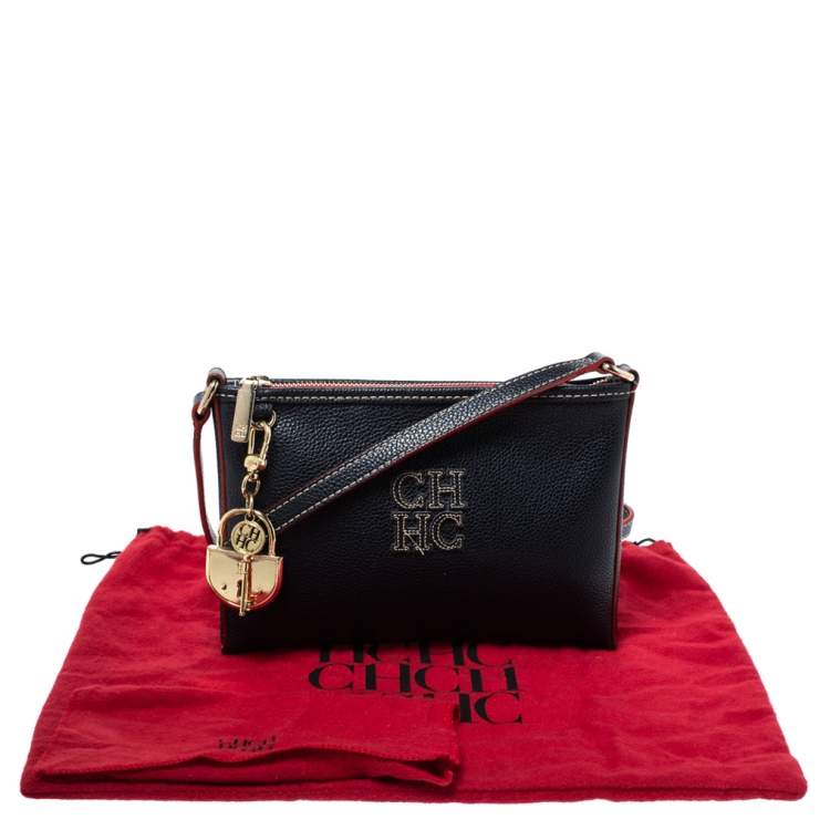 Pre Owned Carolina Herrera Navy Blue Leather Crossbody Bag