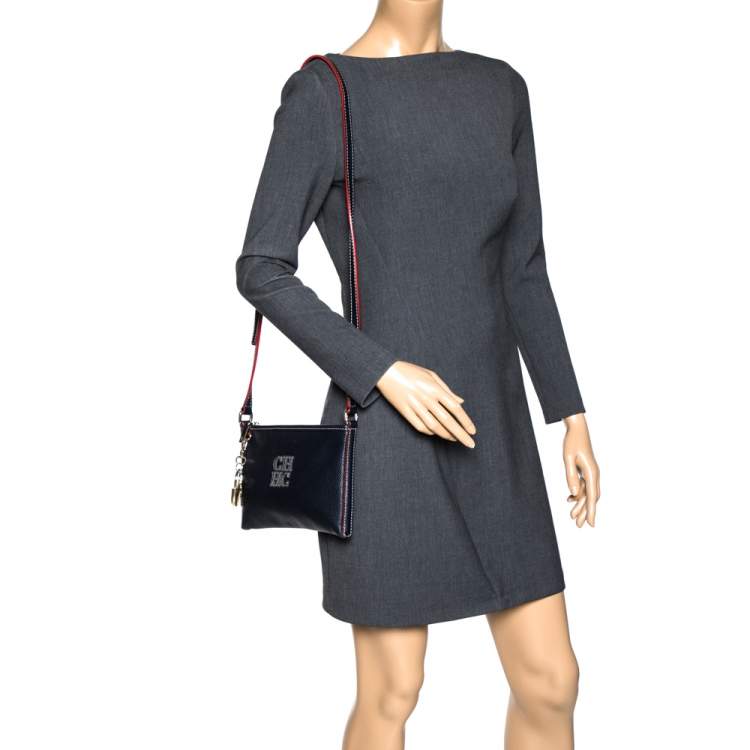 Pre Owned Carolina Herrera Navy Blue Leather Crossbody Bag