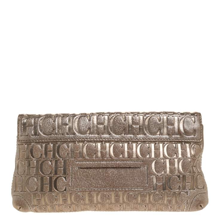 Pre Owned Carolina Herrera Gold Monogram Leather Bow Chain Clutch