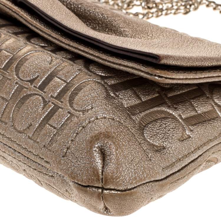 Pre Owned Carolina Herrera Gold Monogram Leather Bow Chain Clutch