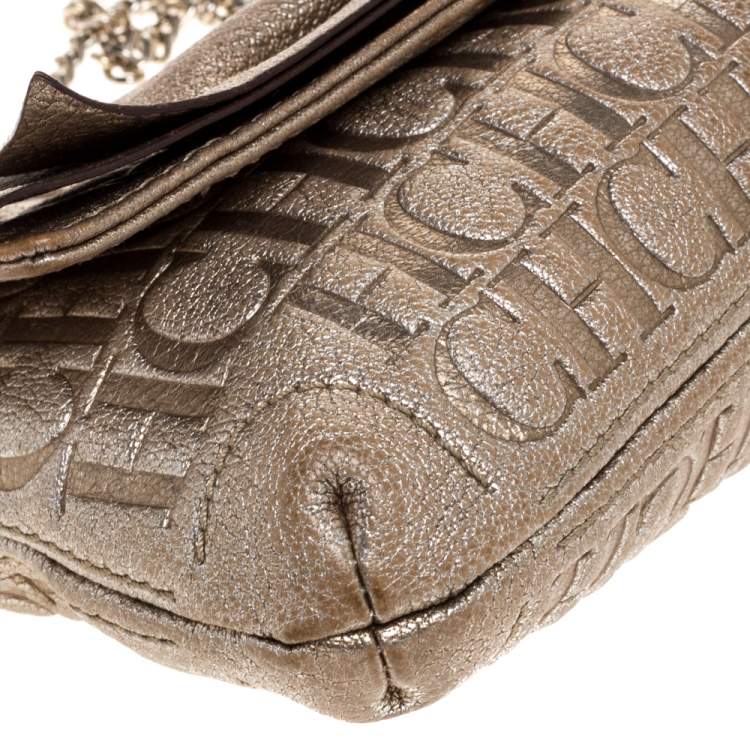 Pre Owned Carolina Herrera Gold Monogram Leather Bow Chain Clutch