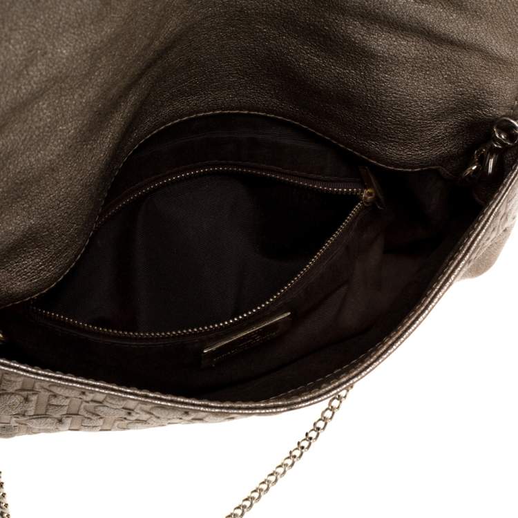 Pre Owned Carolina Herrera Gold Monogram Leather Bow Chain Clutch