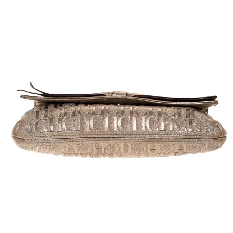 Pre Owned Carolina Herrera Gold Monogram Leather Bow Chain Clutch