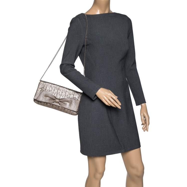 Pre Owned Carolina Herrera Gold Monogram Leather Bow Chain Clutch