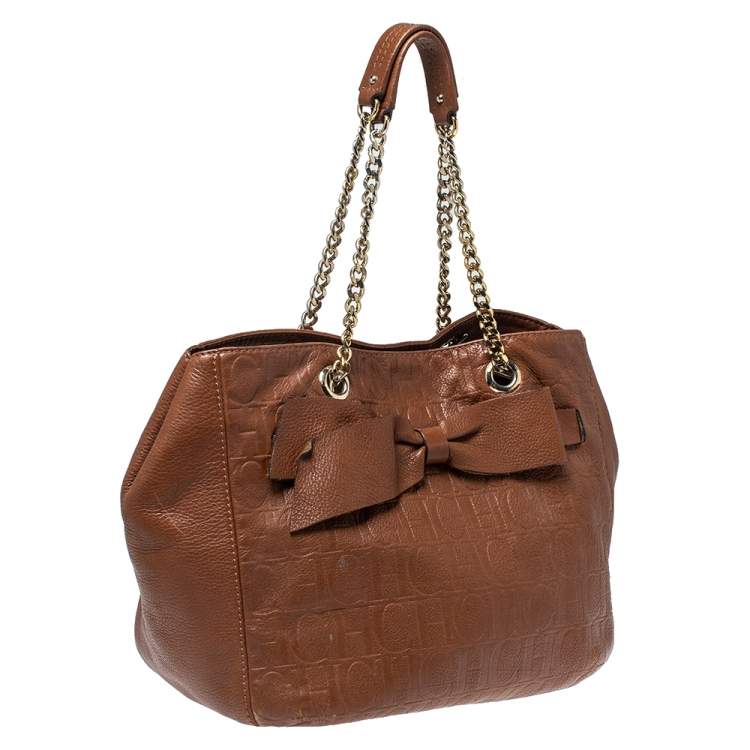 Pre Owned Carolina Herrera Brown Monogram Leather Audrey Tote