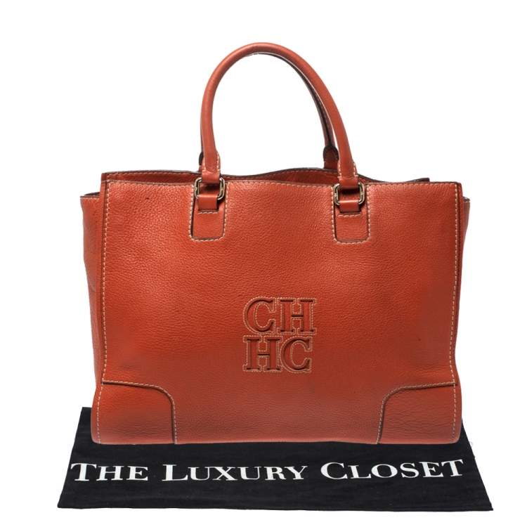 Pre Owned Carolina Herrera Orange Leather Shopper Tote
